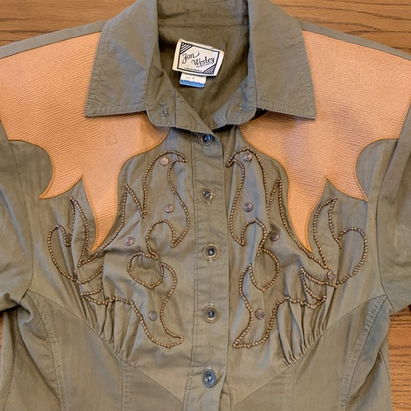 Vtg Jon Wesley Western Army Green Jumpsuit 1980s Women's Sz 8 Rockabilly - Picture 3 of 16